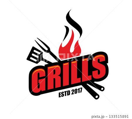 BBQ grills restaurant, butchery store icon or emblem. Restaurant barbeque food icon, farm shop BBQ vector badge. Steakhouse grill menu emblem or label with typography, fire flame, spatula and fork 133515891
