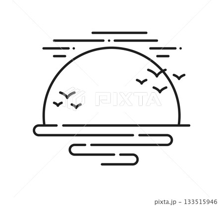 Ocean or sea sunset landscape line icon or sign. Nature environment element, lineart vector symbol, travel landscape icon. Outdoor marine scene pictogram with setting sun, sea horizon, birds in sky 133515946