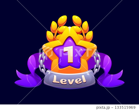 Game level up rank badge or shield asset for gaming achievement, cartoon vector icon. 1 level completed congratulations award star banner with golden laurel wreath and purple ribbon for game GUI 133515969