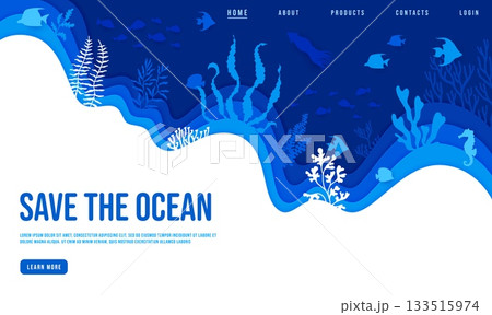 Save the ocean paper cut landing page with sea animals silhouettes at underwater landscape background. Vector 3d paper cut blue wave border with fish and squid, corals and seaweed, Save ocean web page 133515974