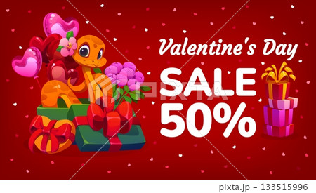 Cute cartoon snake with gifts on Valentines day sale banner. Winter season sale vector card, St Valentine celebration discount flyer with cute snake character, gift boxes, peonies and balloons Cute cartoon snake with gifts on Valentines day sale banner. Winter season sale vector card, St Valentine celebration discount flyer with cute snake character, gift boxes, peonies and balloons 133515996