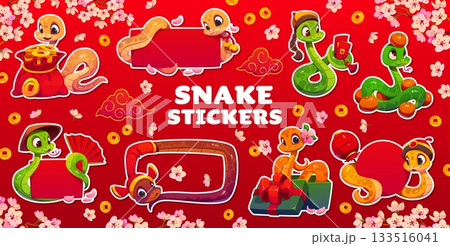 Asian funny snake characters stickers. Asian zodiac animal personages vector tags, Chinese snake mascot patch. Japanese personage stickers with sack of coins, clementines, gift and sakura flowers 133516041