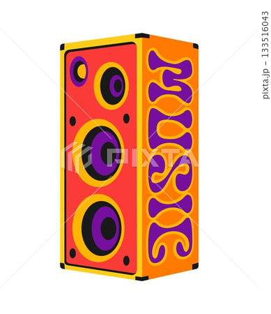 Music sound speaker Y2K funky sticker or tag. Radio music funky Y2K vector tag, musical art audio record patch. Live concert melody sticker with sound speaker orange cabinet and funky typography 133516043