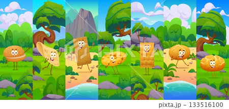 Cartoon bakery bread characters collage. Vector burger bun, chip, cracker and cookie, snacks with happy faces stand in a bright nature scene, creating a playful and friendly food themed adventure 133516100