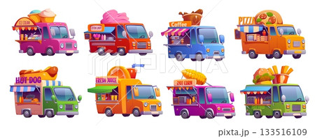 Cartoon food truck car, vintage festival street food vendors offering ice cream, cotton candy, coffee, pizza, hot dogs, fresh juice, hot corn, and fast food. Vector set of retro vans for mobile dining 133516109