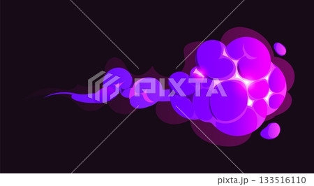 Cartoon magic purple smoke effect, abstract cartoon vector violet glowing trail with bubble like shape on a dark background. Dynamic vapor or magical energy flow, VFX for fantasy, sci fi, or game 133516110