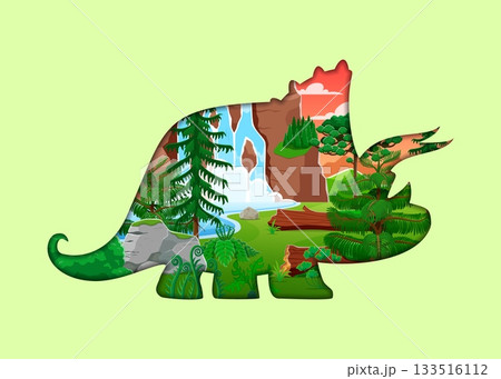 Paper cut dinosaur silhouette with prehistoric landscape pine trees, rocky cliffs and waterfall cascade surrounded by red mountains. Lush Jurassic forest scenery, tropical ferns, rocks within reptile 133516112