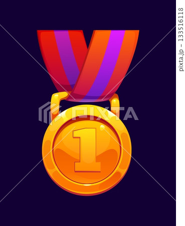 Game round golden medal award icon. Victory and achievement trophy marked with number one, supported by a thick ribbon in warm red and magenta colors. Vector golden medal for school and competition 133516118