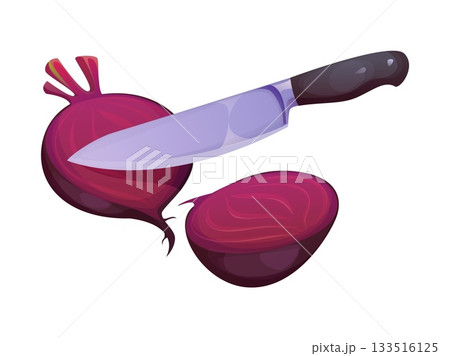 Cartoon knife slicing through raw beet showcasing food cooking process. Isolated vector kitchen preparation scene with ripe beetroot vegetable and sharp chef blade for recipe books or healthy eating Cartoon knife slicing through raw beet showcasing food cooking process. Isolated vector kitchen preparation scene with ripe beetroot vegetable and sharp chef blade for recipe books or healthy eating 133516125