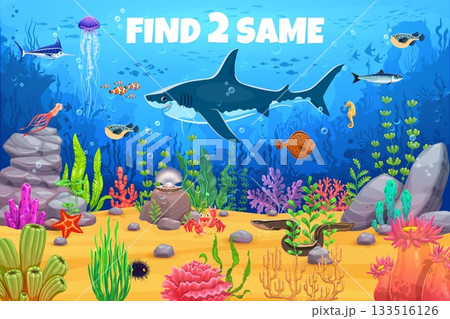 Kids game find two same fish on underwater sea life landscape. Cartoon vector educational riddle with ocean animals including shark, clownfish, jellyfish, eel, seahorse, crab, and coral reef plants Kids game find two same fish on underwater sea life landscape. Cartoon vector educational riddle with ocean animals including shark, clownfish, jellyfish, eel, seahorse, crab, and coral reef plants 133516126