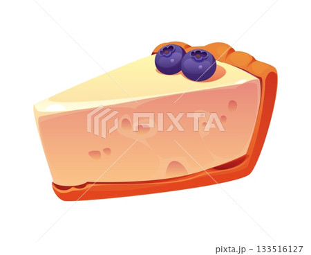 Cartoon piece of cheesecake, fast food dessert meal. Isolated vector confectionery cheese cake with soft porous layer, decorated with blueberries . Pastry or bakery dessert, takeaway patisserie pie 133516127