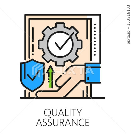 Quality assurance and inspection icon or pictogram. Product quality certification icon, factory regulation color line vector symbol. Regulatory inspection pictogram with document, shield and cogwheel Quality assurance and inspection icon or pictogram. Product quality certification icon, factory regulation color line vector symbol. Regulatory inspection pictogram with document, shield and cogwheel 133516133