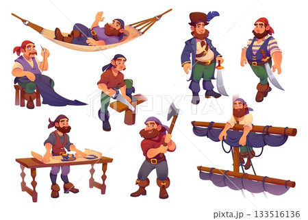 Pirate ship crew cartoon corsair characters. Happy pirate men vector personages with captain pirate hat and sailor bandana costumes. Skipper, sail master, boatswain and carpenter corsair characters 133516136