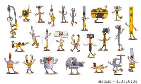 Groovy construction tools characters. Cartoon vector set of funny hand tools. Vintage hippie y2k comic smiling instrument personages for diy and carpentry workshop works posing with happy emotions 133516138