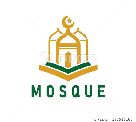 Arabian muslim mosque graphic icon or emblem. Islamic culture center symbol, Muslim Quran school vector emblem. Islam religion library icon or sign with crescent and star, minaret and opened book Arabian muslim mosque graphic icon or emblem. Islamic culture center symbol, Muslim Quran school vector emblem. Islam religion library icon or sign with crescent and star, minaret and opened book 133516169