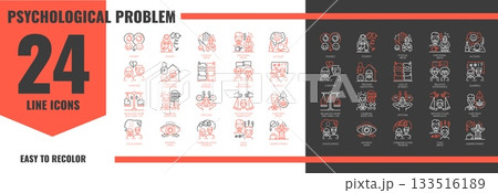 Family psychological problem icons. Vector set of linear signs showing abuse, addiction, unemployment, and relationship issues. Symbols for mental health, counseling, and therapy visual infographics 133516189