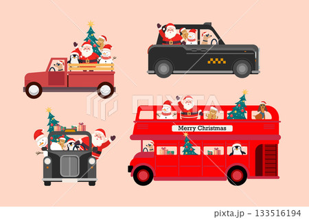 Christmas characters on variety vehicle collection. Christmas characters on variety vehicle collection. 133516194