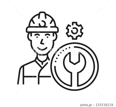 Railroad railway icon of train and subway technician worker, vector line pictogram. Railroad and railway symbol of technician engineer man for tram or metro train technical work maintenance service Railroad railway icon of train and subway technician worker, vector line pictogram. Railroad and railway symbol of technician engineer man for tram or metro train technical work maintenance service 133516219