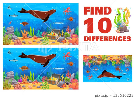 Kids game find ten differences on underwater sealife landscape with ocean animals. Vector cartoon worksheet riddle find 10 visual changes between two images of marine life with fish, turtle, treasure 133516223