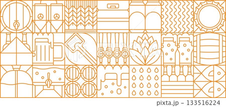 Beer production and brewing process geometric pattern with beer barrel, mug and bottle, hop and grains, brewing equipment and tap handles. Vector linear retro grid background with brewery elements 133516224