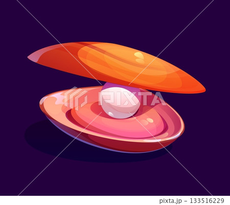 Cartoon marine open pearl shell or mollusk scallop. Underwater life valuable oyster isolated vector clam, marine jewelry pearl shell. Sea bottom rare seashell or ocean nature precious scallop mollusk 133516229