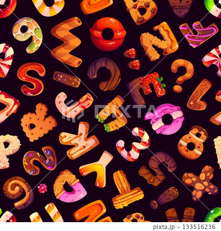 Sweet candy type, dessert font seamless pattern. Vector tile background with cookie and pastry shaped alphabet letters and numbers. Playful delicious print for kids, cafe, wallpaper or wrapping paper 133516236