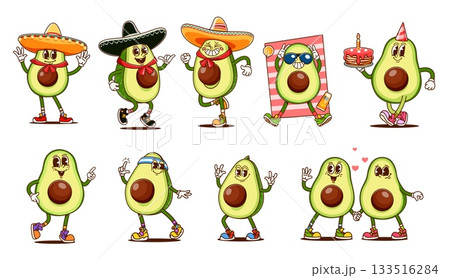 Cartoon groovy avocado characters with funny poses and costumes. Vector set of dancing avocado with sombrero, sporty, birthday celebration, romantic couple, and avocado retro personage on vacation 133516284