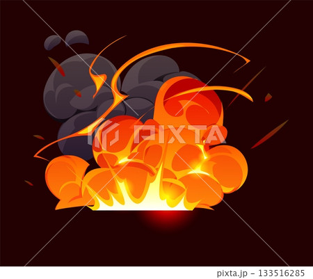 Cartoon bomb explosion and magic smoke effect, red fire cloud. Vector fiery explosion with glowing orange yellow blast, hot flame cloud and rising black smoke. Powerful vfx effect for fantasy combat Cartoon bomb explosion and magic smoke effect, red fire cloud. Vector fiery explosion with glowing orange yellow blast, hot flame cloud and rising black smoke. Powerful vfx effect for fantasy combat 133516285