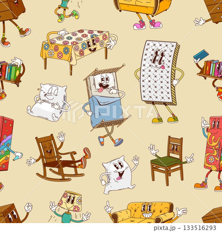 Groovy furniture characters seamless pattern. Cartoon vector tile with funny retro home bed, pillow, sofa, table, lamp and bookshelf. hippie y2k vibe with nostalgic personages on beige background 133516293