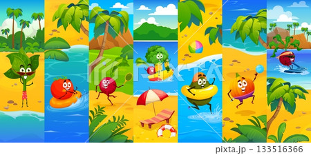 Cartoon vegetable characters on summer vacation, funny collage. Avocado, pumpkin, tomato, beetroot, broccoli, radish and spinach relax at beach. Vector veggies play, swim and surf in tropical paradise 133516366