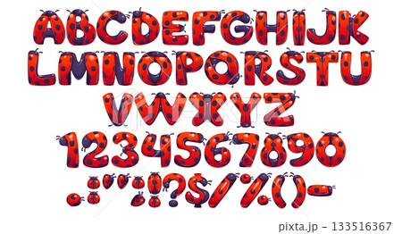 Ladybug font, ladybird and lady bug typeface, cartoon insect type, funny beetle english alphabet. Vector typography red bug letters and numbers set with black dots. Ladybug or ladybird font alphabet 133516367
