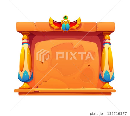 Cartoon ancient Egypt game vector frame. Antique Egyptian stone board. Sandstone frame with cracks carved into the surface, two ornate yellow columns and scarab beetle with jewel and gold wings Cartoon ancient Egypt game vector frame. Antique Egyptian stone board. Sandstone frame with cracks carved into the surface, two ornate yellow columns and scarab beetle with jewel and gold wings 133516377