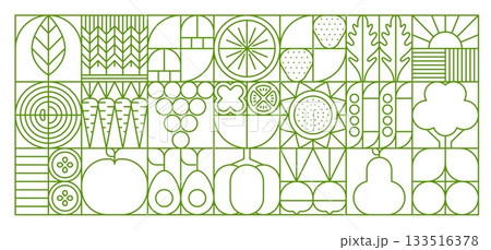 Organic food geometric abstract pattern. Minimalist farm themed grid background featuring fruits, vegetables, crops, leaves, and sun elements in a linear green outlines. Eco, or agricultural tile Organic food geometric abstract pattern. Minimalist farm themed grid background featuring fruits, vegetables, crops, leaves, and sun elements in a linear green outlines. Eco, or agricultural tile 133516378