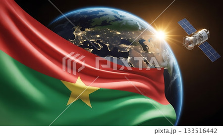 Burkina faso flag waving with earth and satellite in space symbolizing global connection Burkina faso flag waving with earth and satellite in space symbolizing global connection 133516442