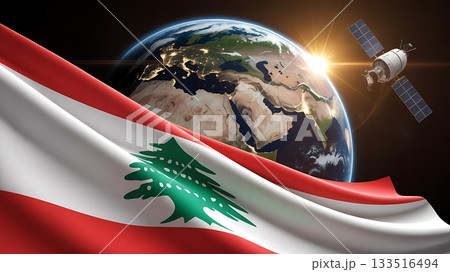 Lebanese flag waving with earth sunrise and satellite in space 133516494