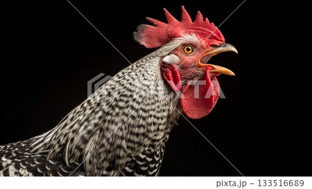 Dramatic rooster crowing loudly with vibrant colors on black, perfect for farm themes or raising awareness about animal welfare and ethical sourcing 133516689
