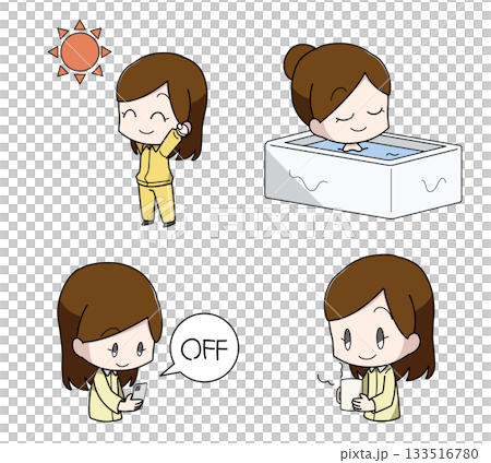 Set of 4 illustrations of how to sleep well - women Set of 4 illustrations of how to sleep well - women 133516780