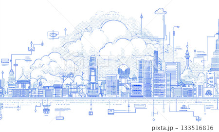 未来のデジタルシティのブループリントアート 133516816