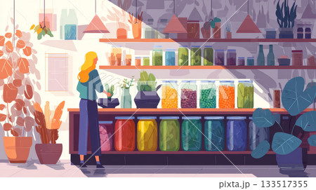 Woman arranging potted plants on sunlit shop counter with colorful jars of herbs and spices, cozy botanical store scene with warm light 133517355