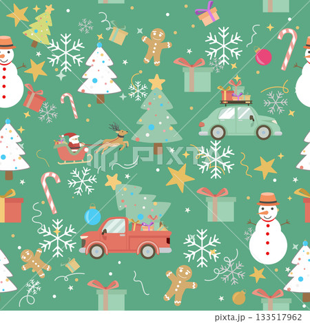 Cute Seamless Pattern with Holiday Icons on a Green Background. collection of classic Christmas and winter holiday icons scattered across a pleasant mint green background. 133517962