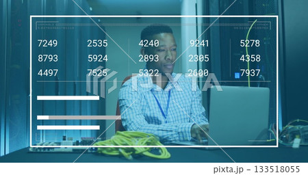 Network engineer checking laptop data in server room, with yellow Ethernet cables and data overlay Network engineer checking laptop data in server room, with yellow Ethernet cables and data overlay 133518055