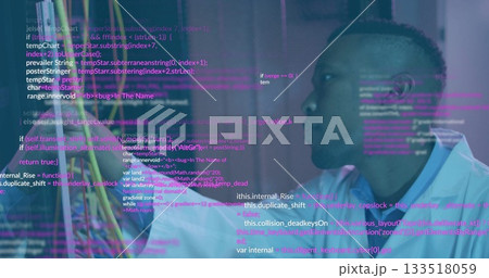 Inspecting scientist in lab coat examining wires on lab bench with code overlay, copy space Inspecting scientist in lab coat examining wires on lab bench with code overlay, copy space 133518059