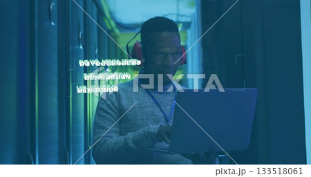 IT technician wearing sweater, red earmuffs analyzing laptop in data center, floating code overlay IT technician wearing sweater, red earmuffs analyzing laptop in data center, floating code overlay 133518061