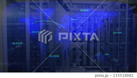 Semi-transparent blue overlay projecting world map and data in data center aisle, with server racks Semi-transparent blue overlay projecting world map and data in data center aisle, with server racks 133518082