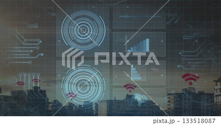 Displaying translucent HUD showing circle targets data panels red Wi-Fi icons on skyline at dusk Displaying translucent HUD showing circle targets data panels red Wi-Fi icons on skyline at dusk 133518087