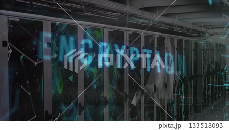 Displaying server racks glowing with LED lights, holographic encryption overlay inside data center 133518093