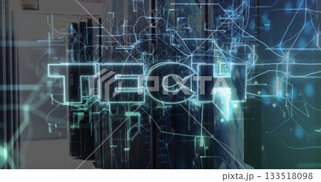 Displaying holographic 'TECH!' text floating in server room, with blinking rack doors and cables Displaying holographic 'TECH!' text floating in server room, with blinking rack doors and cables 133518098