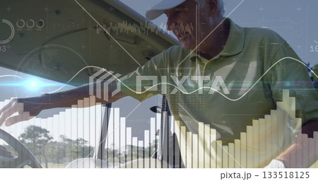 Reaching golfer in polo retrieving golf bag in golf cart on fairway, data overlays, copy space Reaching golfer in polo retrieving golf bag in golf cart on fairway, data overlays, copy space 133518125
