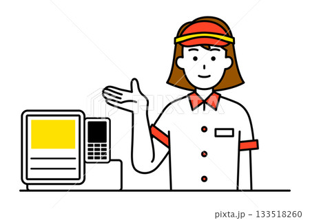 レジカウンターで受付するファストフード店の女性店員 133518260