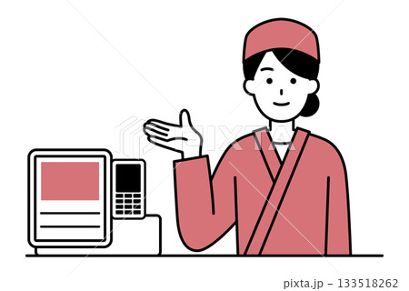 レジカウンターで受付する和食店の女性店員 レジカウンターで受付する和食店の女性店員 133518262